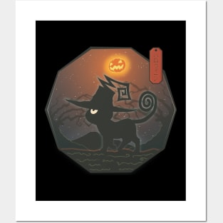 Japanese Halloween Cat with Pumpkin Moon -  Anime Neko Posters and Art